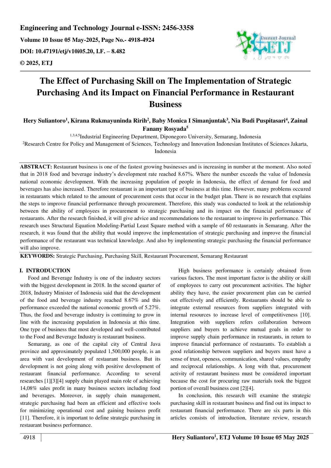 First page of The Effect of Purchasing Skill on The Implementation of Strategic  Purchasing And its Impact on Financial Performance in Restaurant  Business  