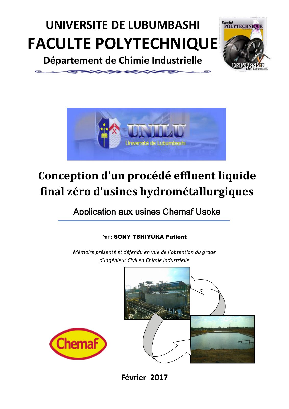 First page of Conception d’un procédé effluent liquide final zéro d’usines hydrométallurgiques Application aux usines Chemaf Usoke