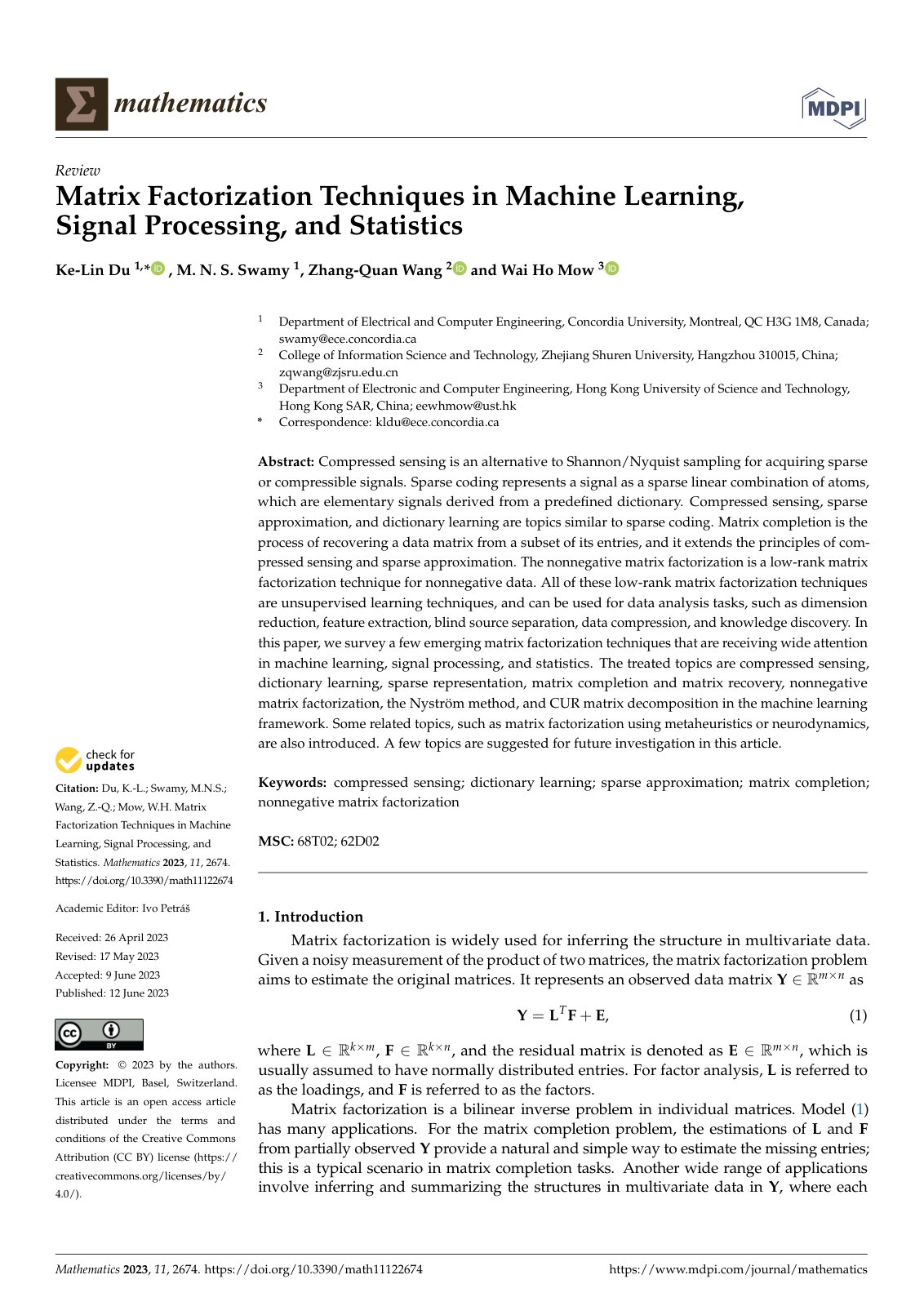 First page of Matrix Factorization Techniques in Machine Learning, Signal Processing, and Statistics