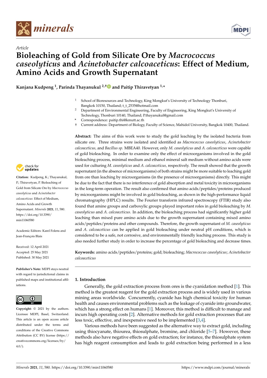First page of Bioleaching of Gold from Silicate Ore by Macrococcus caseolyticus and Acinetobacter calcoaceticus: Effect of Medium, Amino Acids and Growth Supernatant