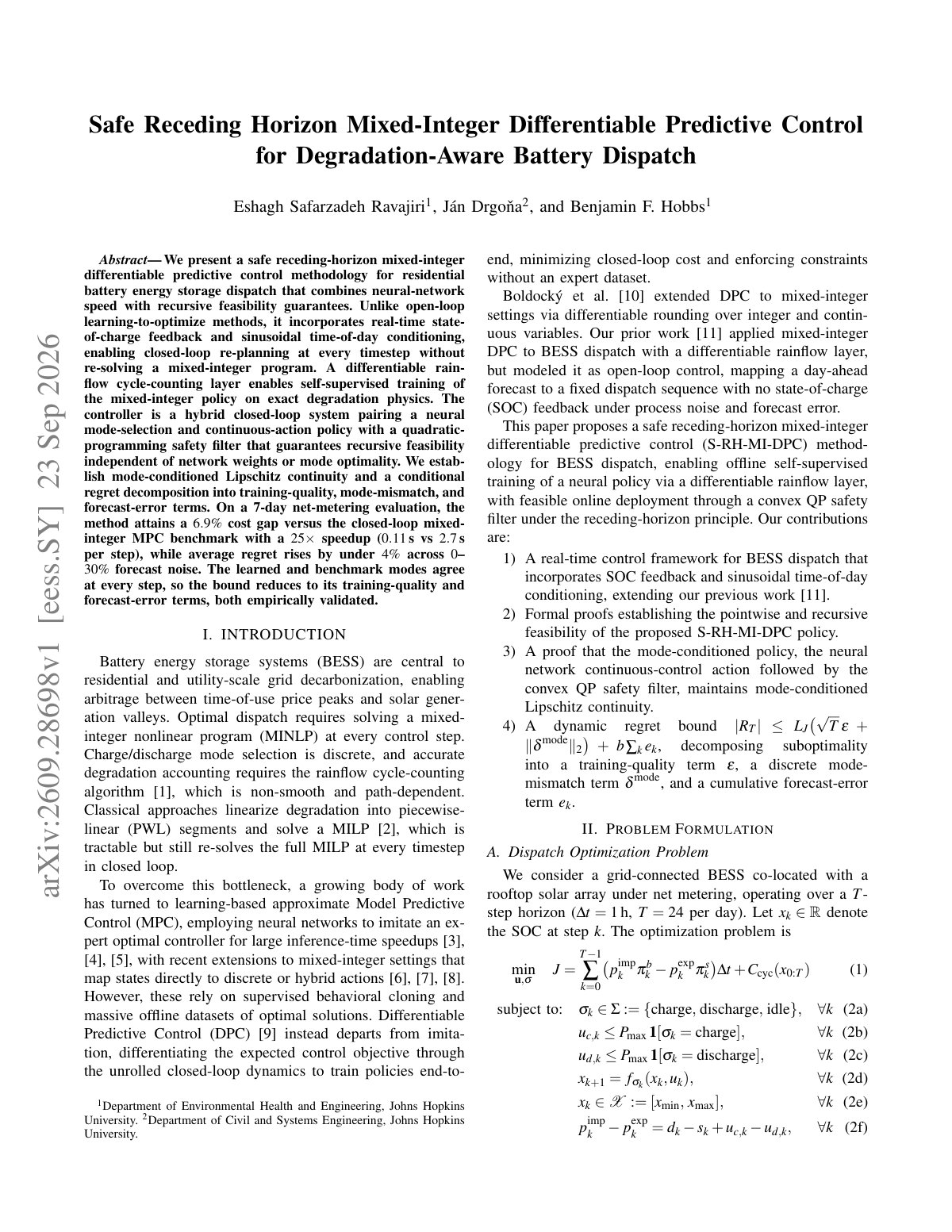 First page of Safe Receding Horizon Mixed-Integer Differentiable Predictive Control for Degradation-Aware Battery Dispatch