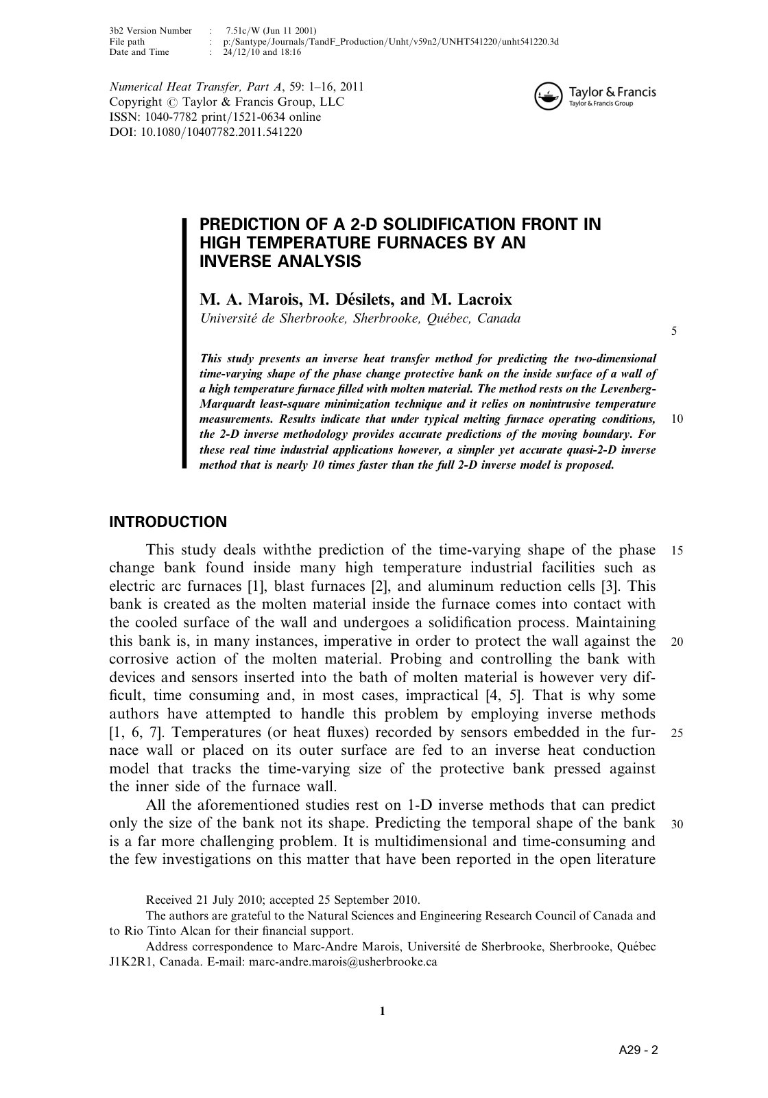 First page of Prediction of a 2 D Solidification Front