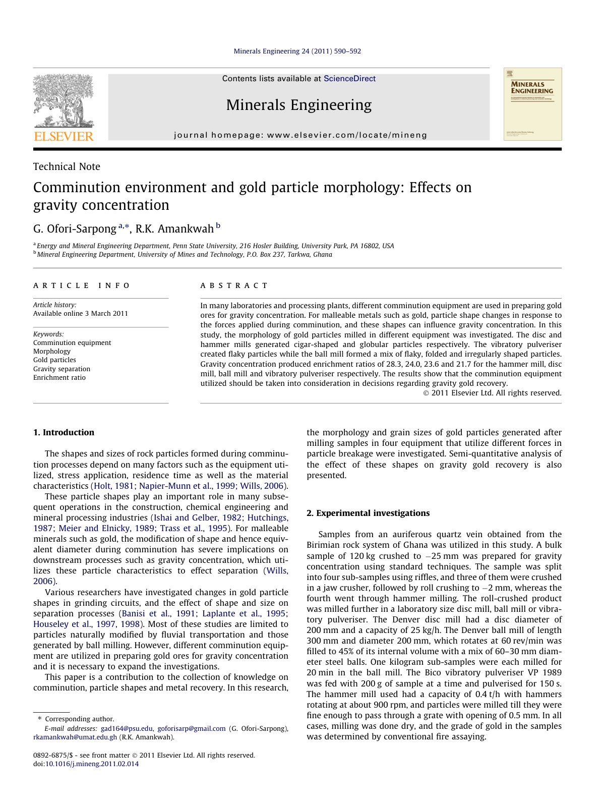 First page of Comminution environment and gold particle morphology: Effects on gravity concentration