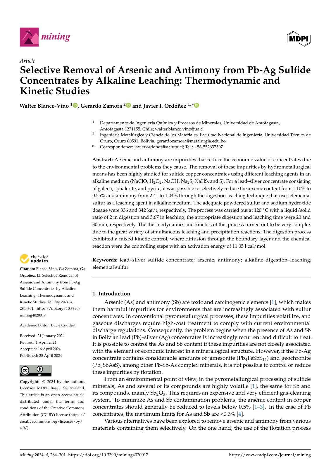 First page of Selective Removal of Arsenic and Antimony from Pb-Ag Sulfide Concentrates by Alkaline Leaching: Thermodynamic and Kinetic Studies