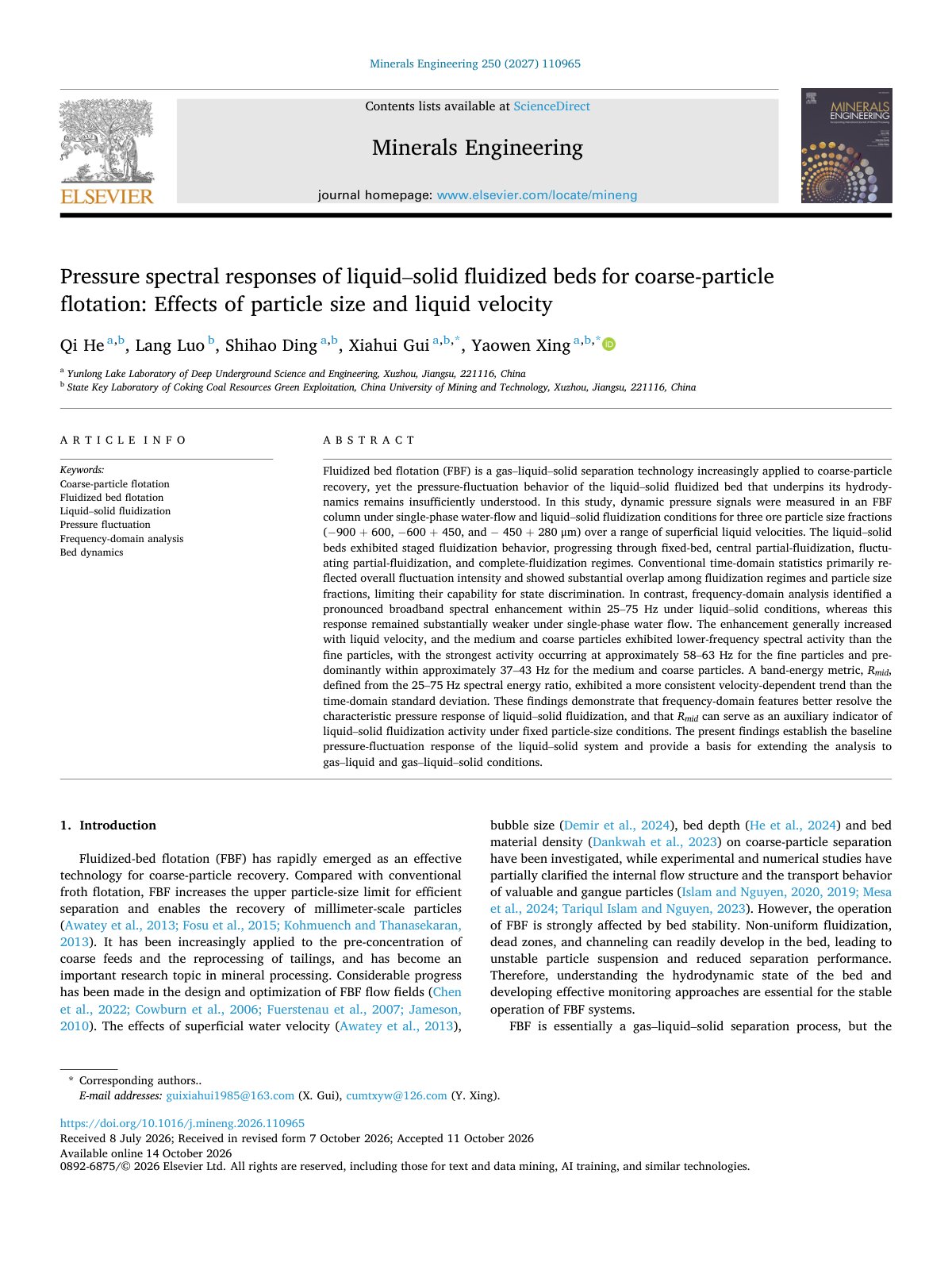 First page of Pressure spectral responses of liquid solid fluidized beds fo 2027 Minerals 