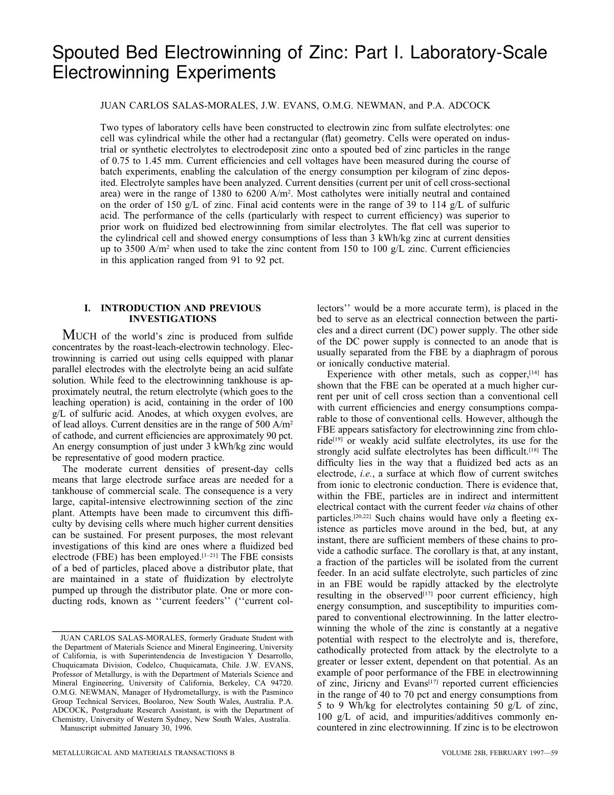 First page of Spouted Bed Electrowinning of Zinc: Part I. Laboratory-Scale Electrowinning Experiments