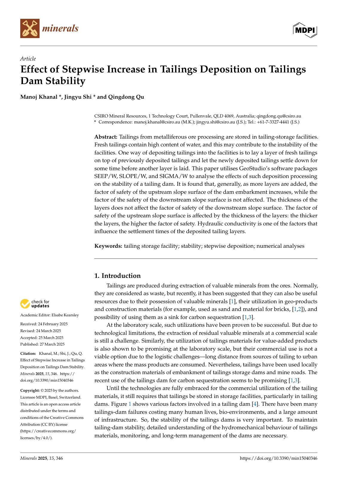 First page of Effect of Stepwise Increase in Tailings Deposition on Tailings Dam Stability