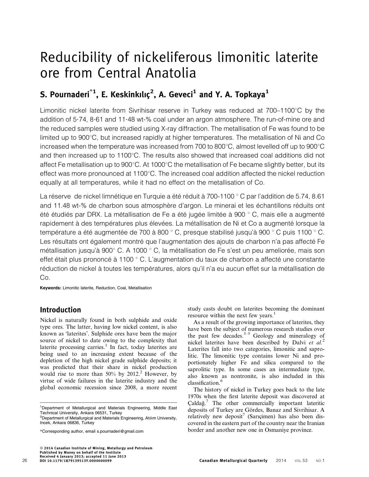 First page of Reducibility of nickeliferous limonitic laterite ore from Central Anatolia