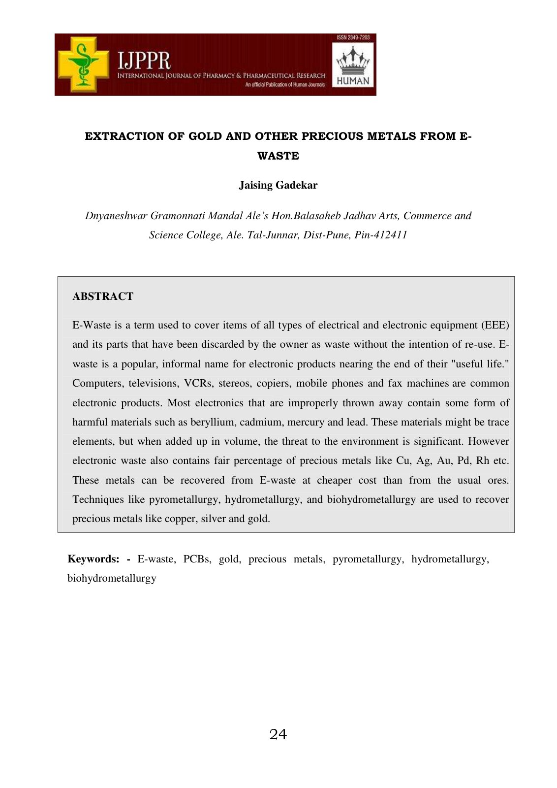 First page of EXTRACTION OF GOLD AND OTHER PRECIOUS METALS FROM E-WASTE