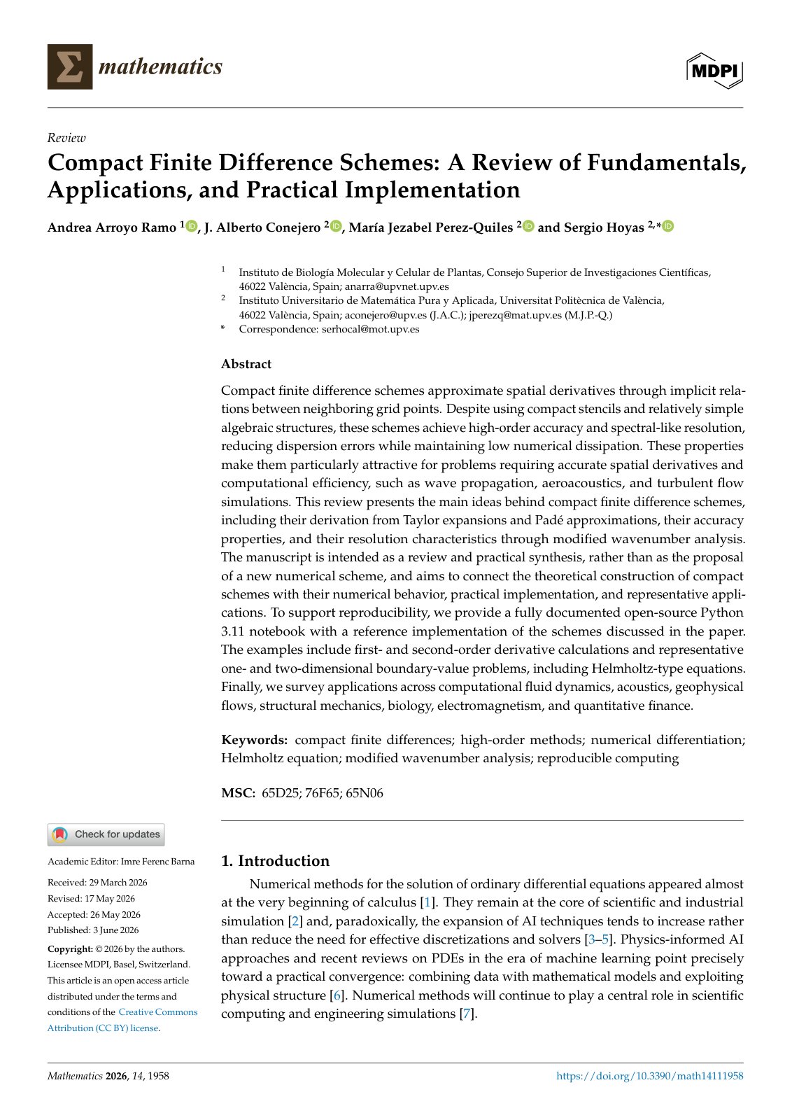 First page of Compact Finite Difference Schemes: A Review of Fundamentals, Applications, and Practical Implementation