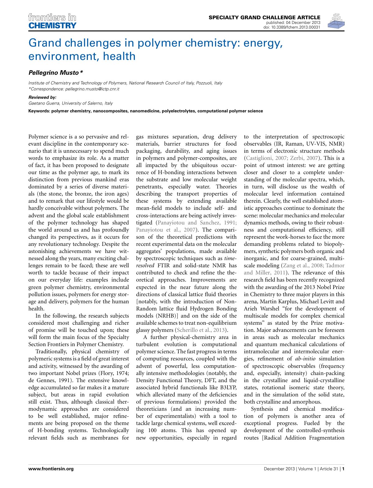 First page of Grand challenges in polymer chemistry: energy, environment, health