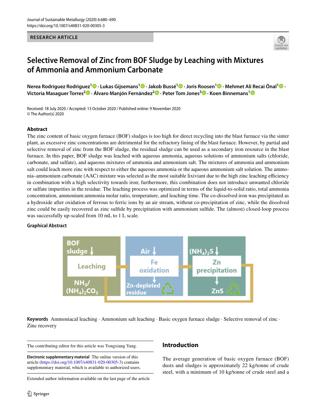 First page of Selective Removal of Zinc from BOF Sludge by Leaching with Mixtures of Ammonia and Ammonium Carbonate