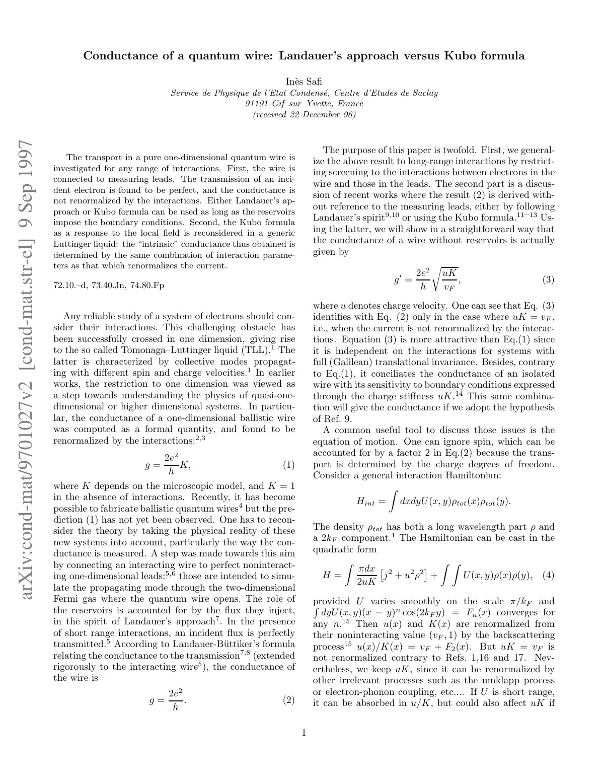 First page of Conductance of a quantum wire Landauers