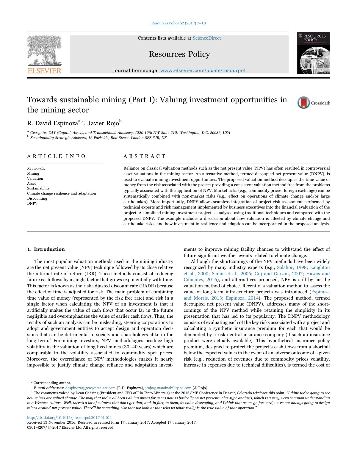 First page of Towards sustainable mining Part I Valuin