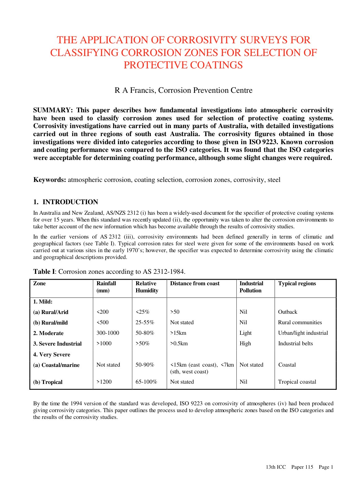 First page of THE APPLICATION OF CORROSIVITY SURVEYS FOR CLASSIFYING CORROSION ZONES FOR SELECTION OF PROTECTIVE COATINGS