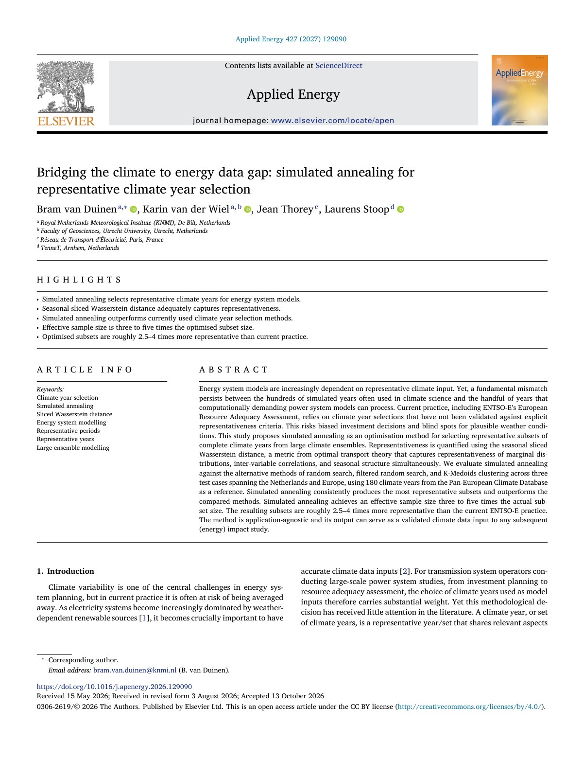 First page of Bridging the climate to energy data gap  simulated annealing f 2027 Applied 