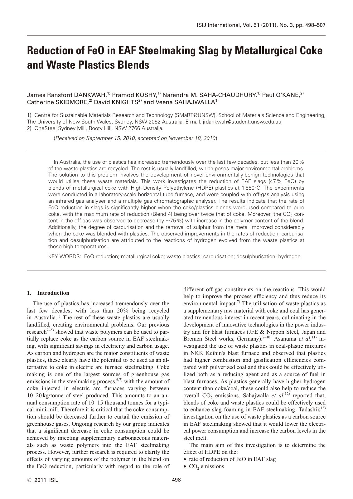First page of Reduction of FeO in EAF Steelmaking Slag by Metallurgical Coke and Waste Plastics Blends