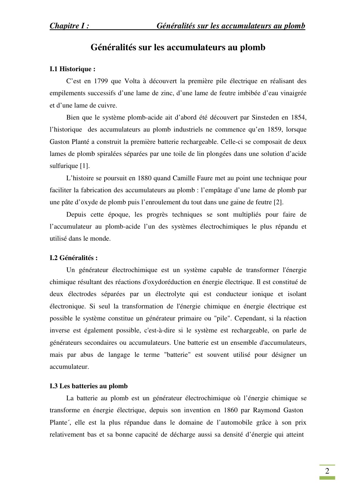 First page of Chapitre I Généralités sur les accumulateurs au plomb