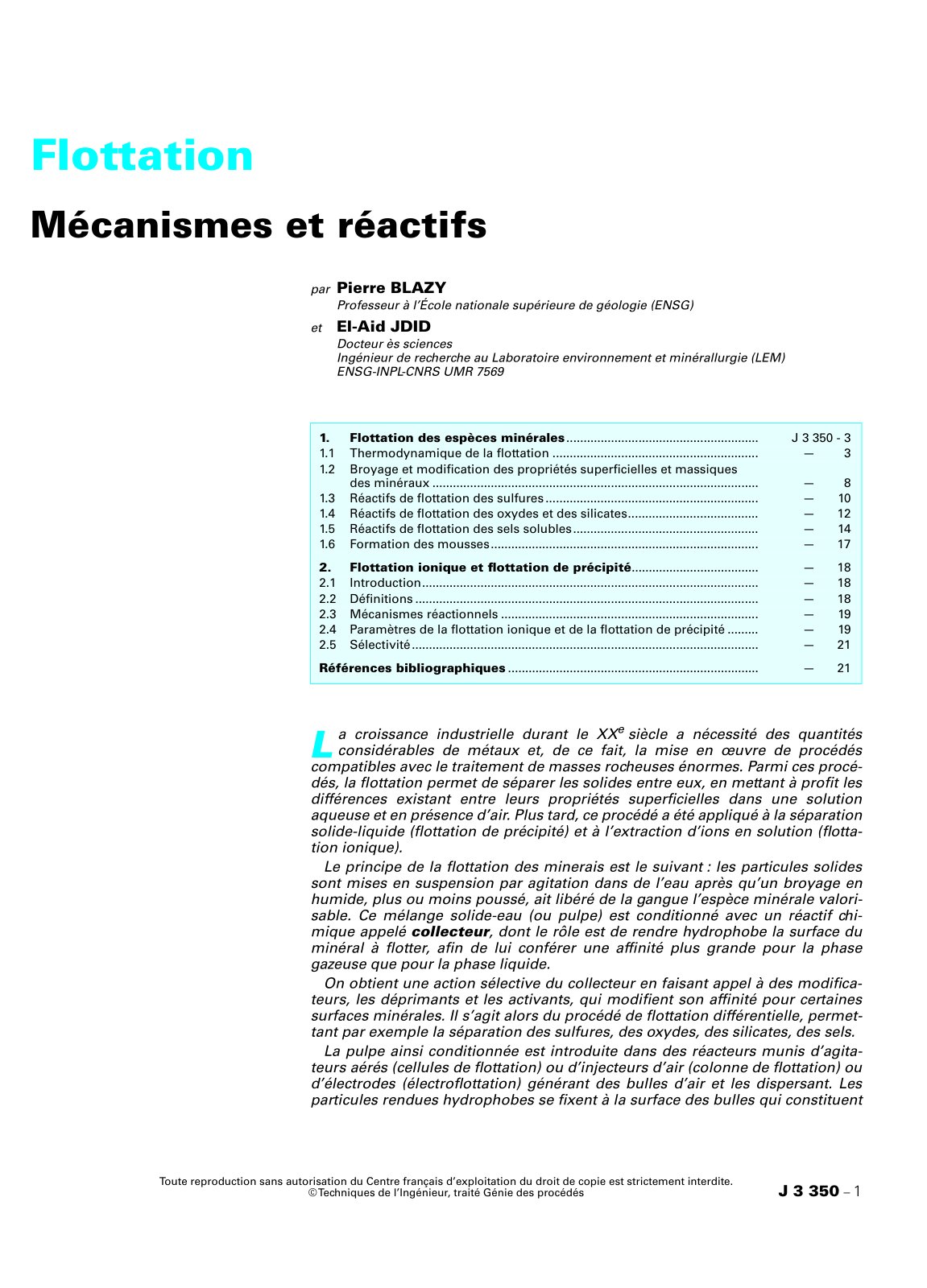 First page of Flottation: Mécanismes et réactifs