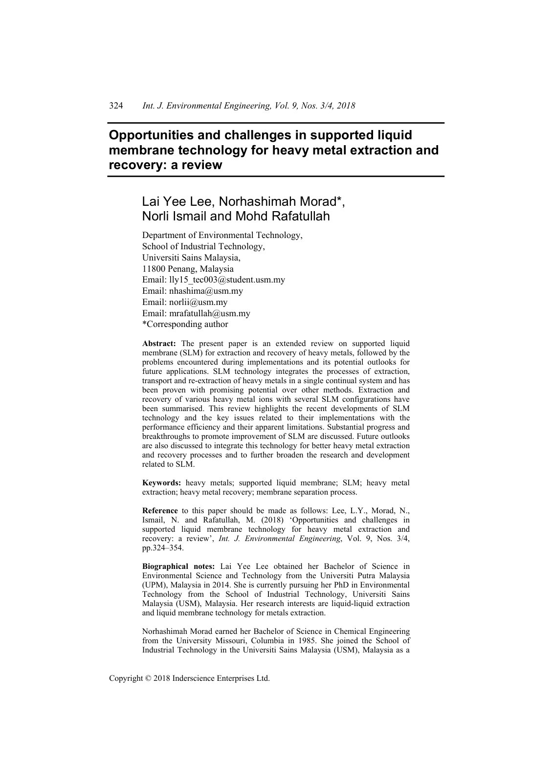 First page of Opportunities and challenges in supported liquid membrane technology for heavy metal extraction and recovery: a review