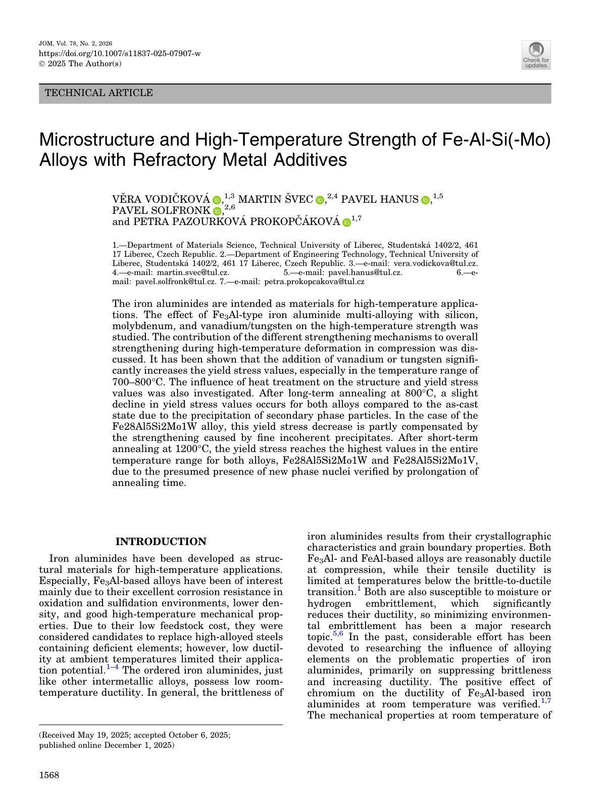 First page of 2026 Vodickova FeAlSiMo High Temperature Strength