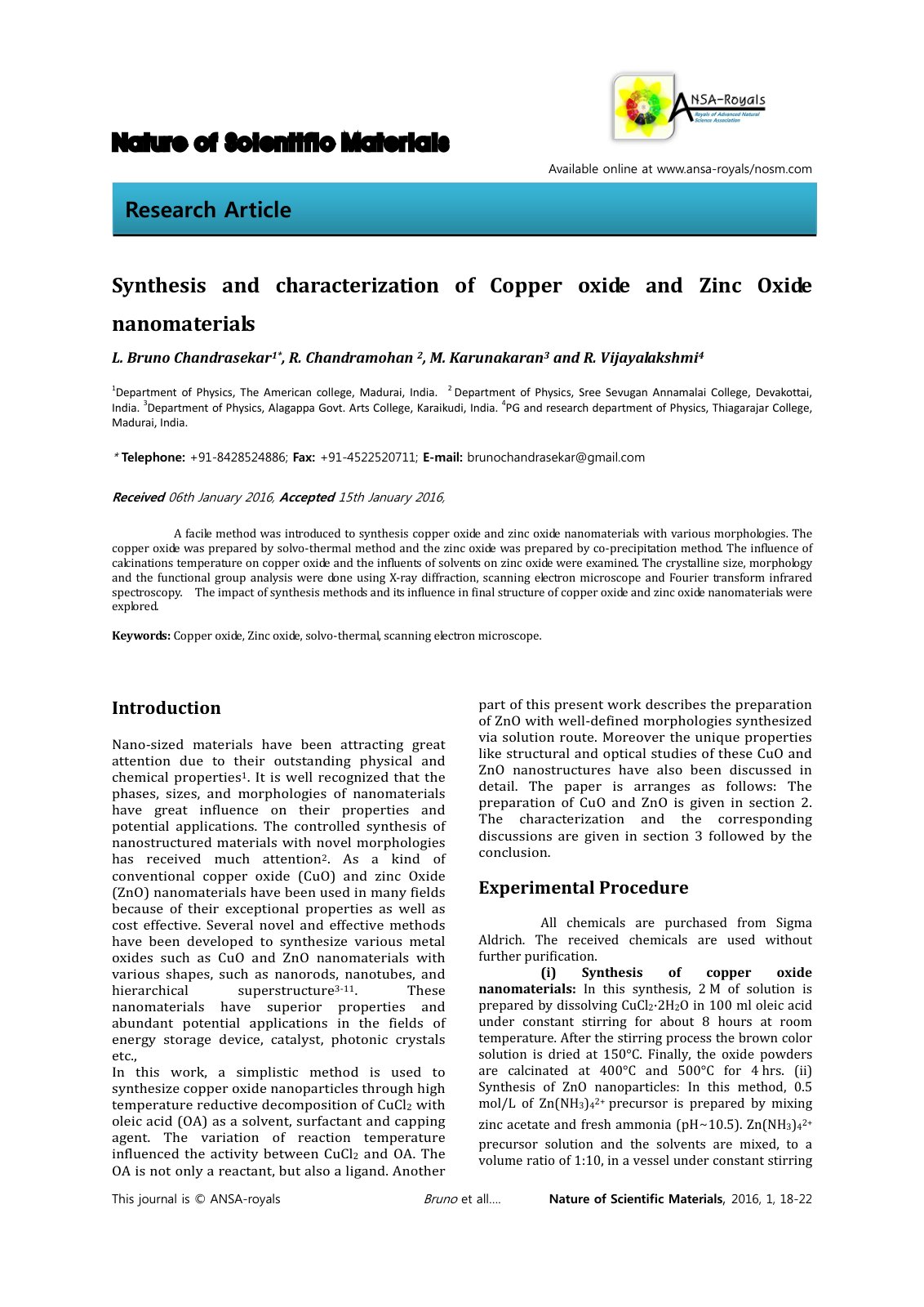 First page of Synthesis and characterization of Copper