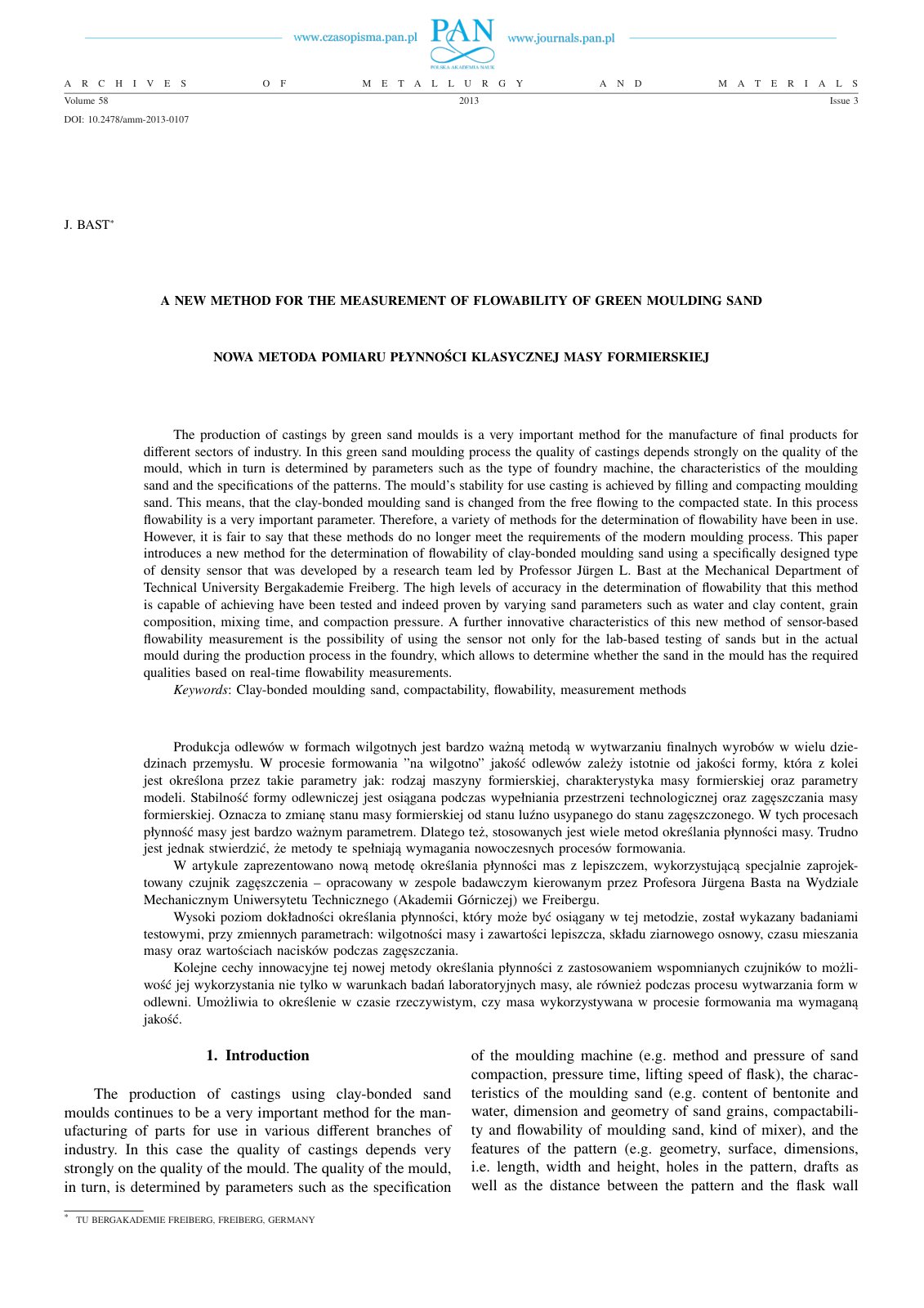 First page of 2013 Jurgen Bast A New Method for the Measurement of Flowability of Green Moulding Sand amm 2013 0107