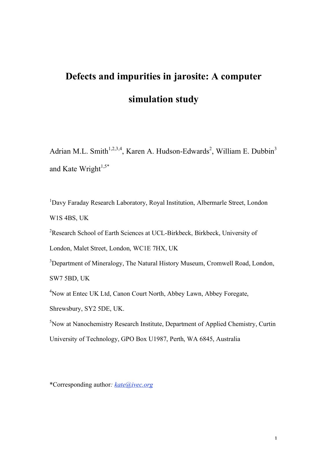 First page of Defects and impurities in jarosite: A computer simulation study