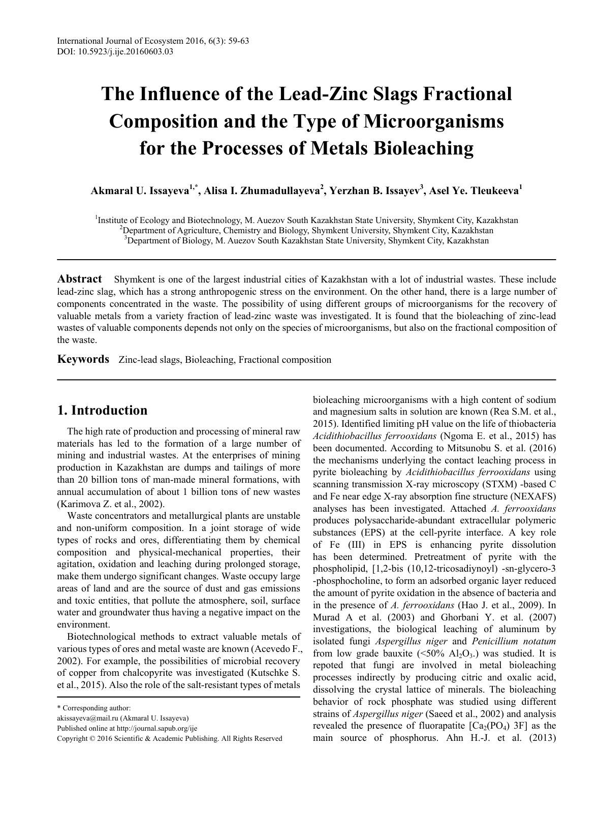 First page of The Influence of the Lead-Zinc Slags Fractional Composition and the Type of Microorganisms for the Processes of Metals Bioleaching