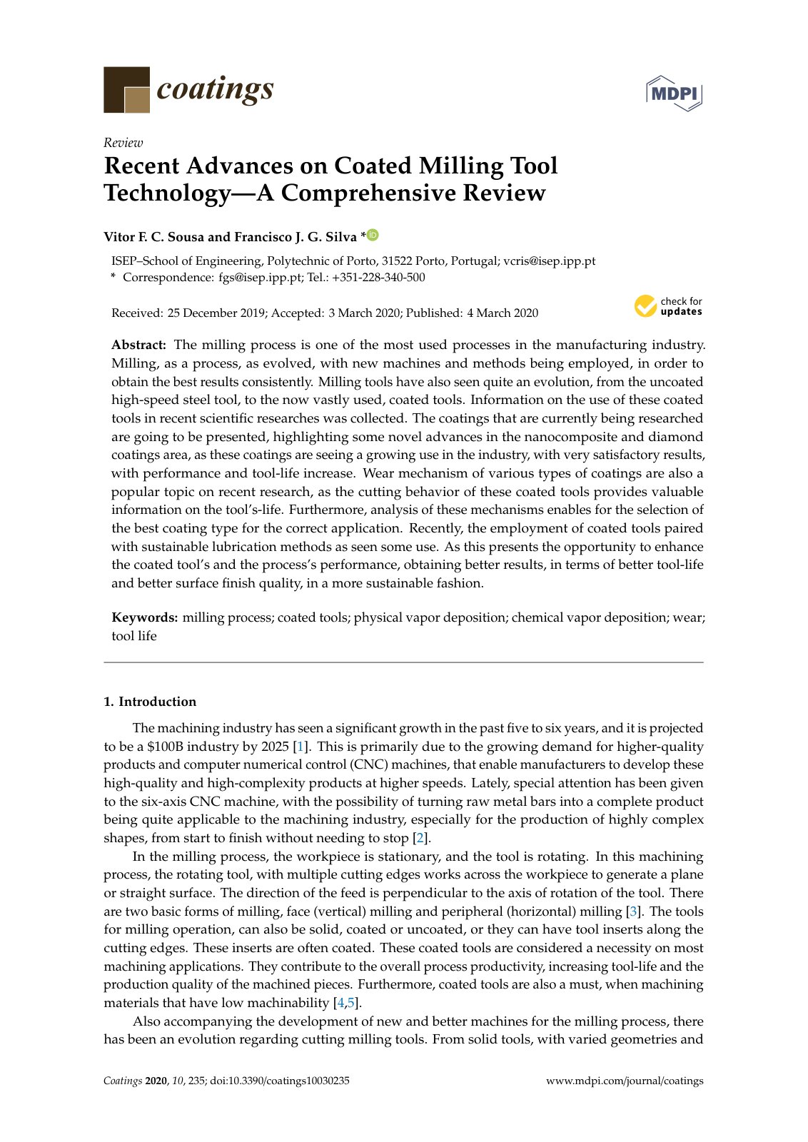 First page of Recent Advances on Coated Milling Tool Technology—A Comprehensive Review