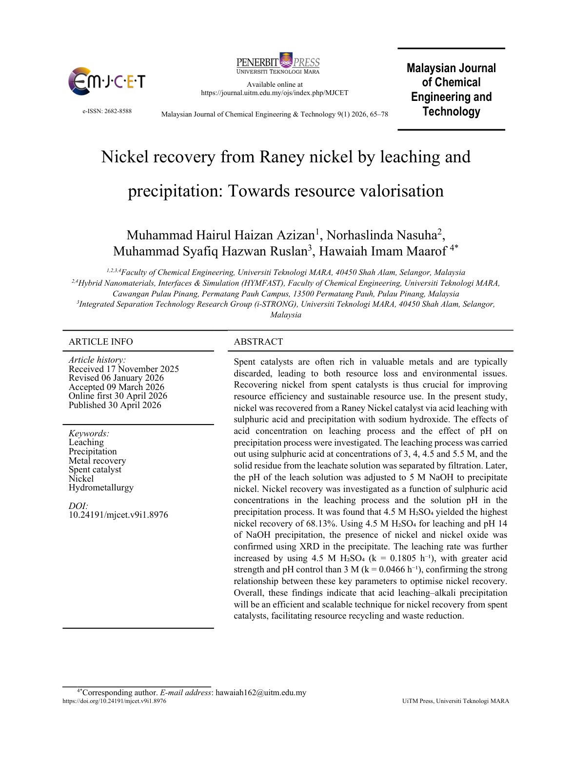 First page of Nickel recovery from Raney nickel by leaching and precipitation: Towards resource valorisation