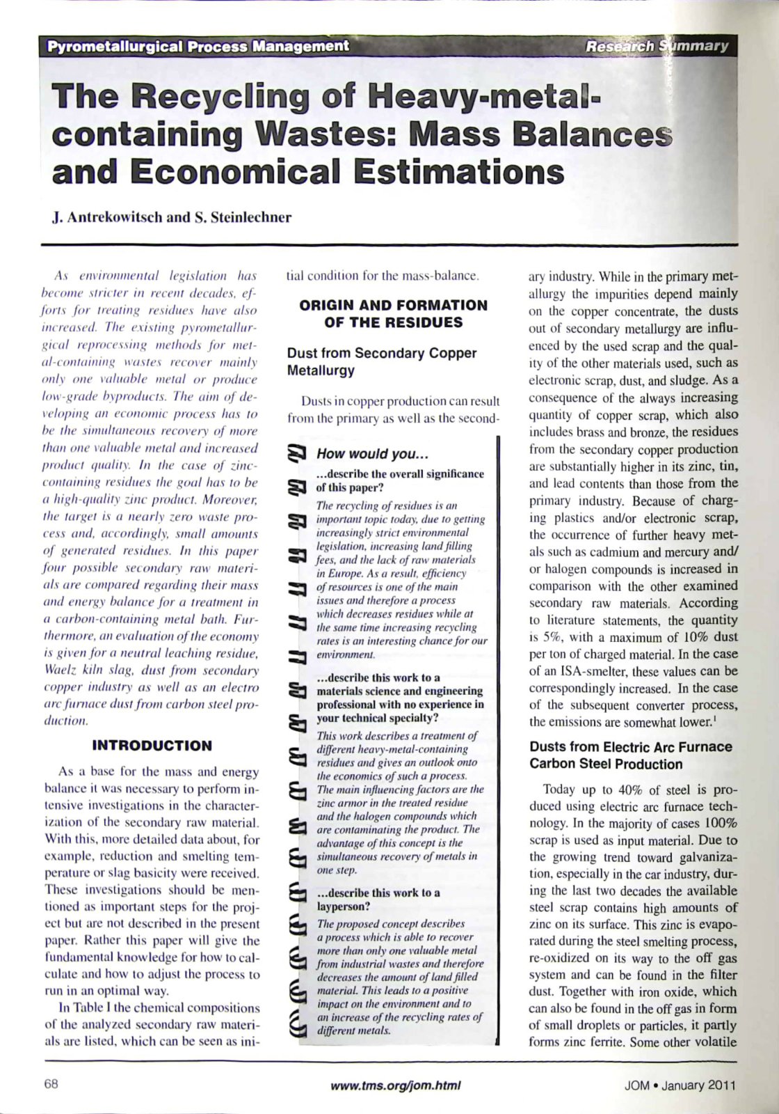 First page of The Recycling of Heavy-metal-containing Wastes: Mass Balances and Economical Estimations