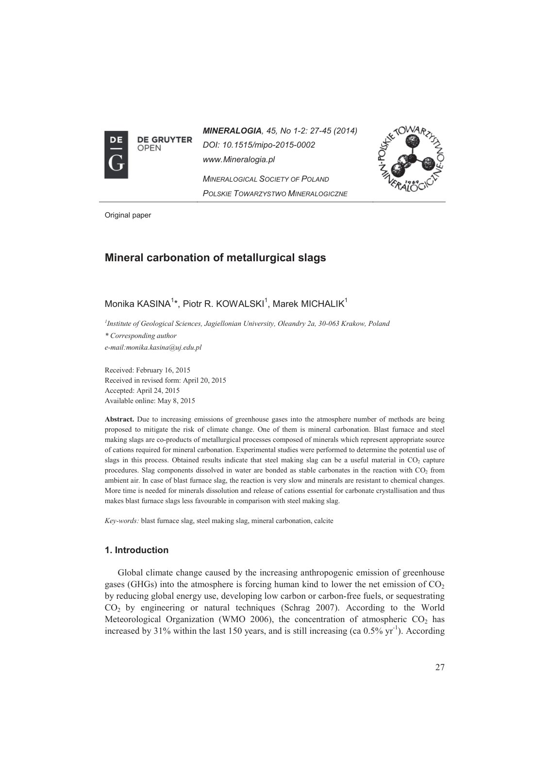 First page of Mineral carbonation of metallurgical sla