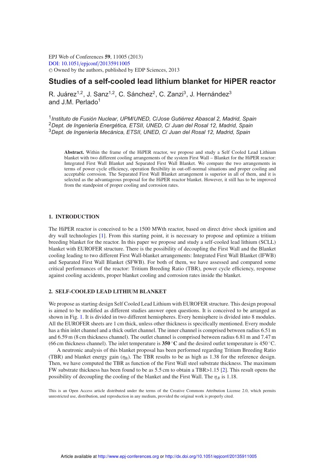 First page of Studies of a self-cooled lead lithium blanket for HiPER reactor