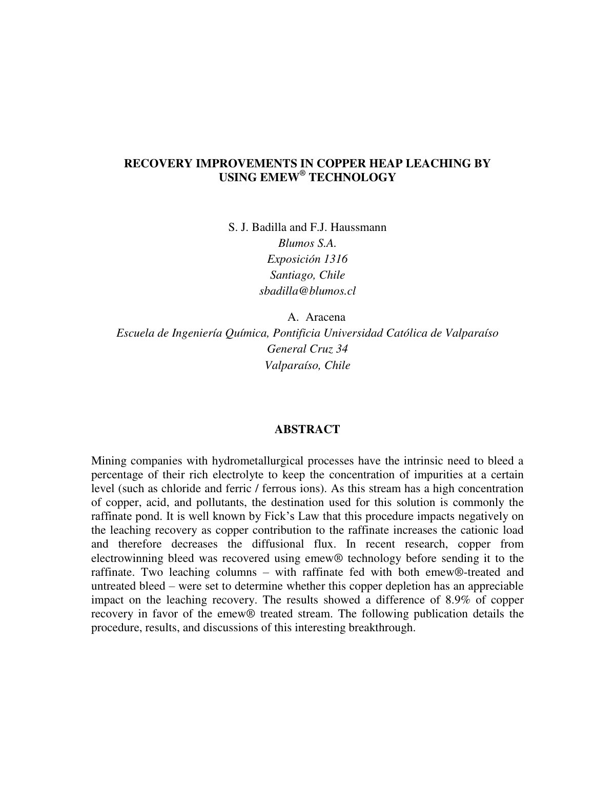 First page of Recovery Improvements in Copper Heap Leaching by Using EMEW® Technology