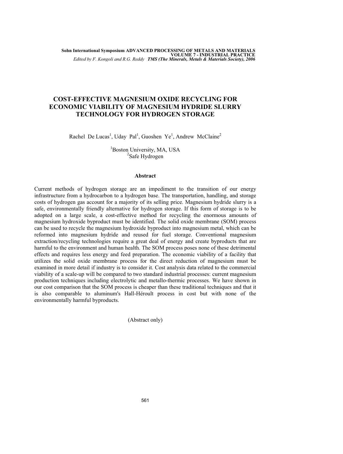 First page of COST-EFFECTIVE MAGNESIUM OXIDE RECYCLING FOR ECONOMIC VIABILITY OF MAGNESIUM HYDRIDE SLURRY TECHNOLOGY FOR HYDROGEN STORAGE