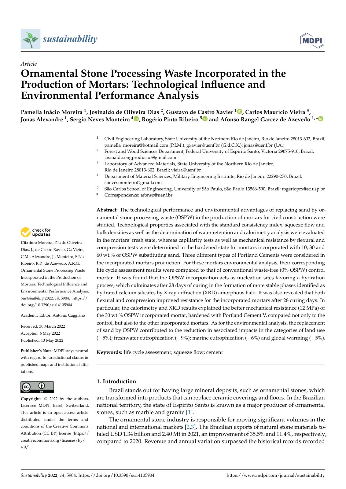 First page of Ornamental Stone Processing Waste Incorporated in the Production of Mortars: Technological Influence and Environmental Performance Analysis