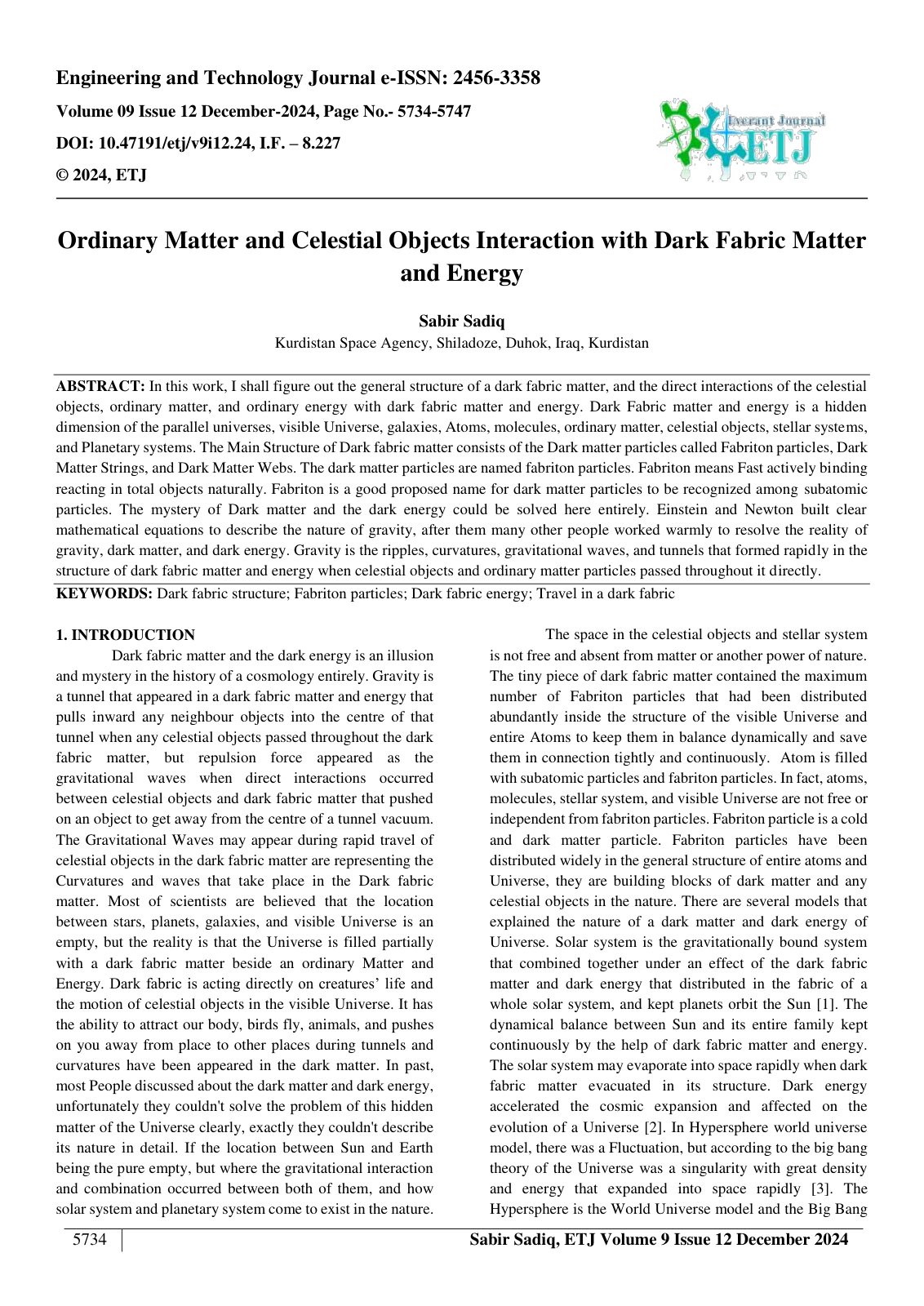 First page of Ordinary Matter and Celestial Objects Interaction with Dark Fabric Matter 