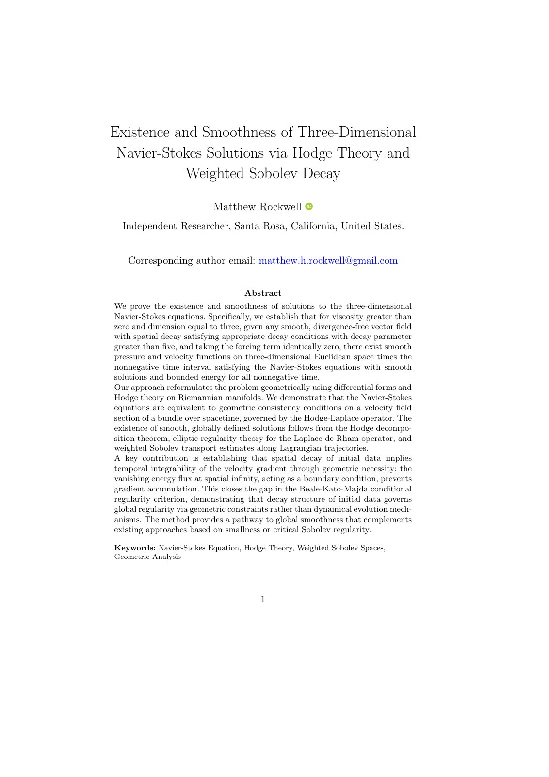 First page of Existence and Smoothness of Three Dimens