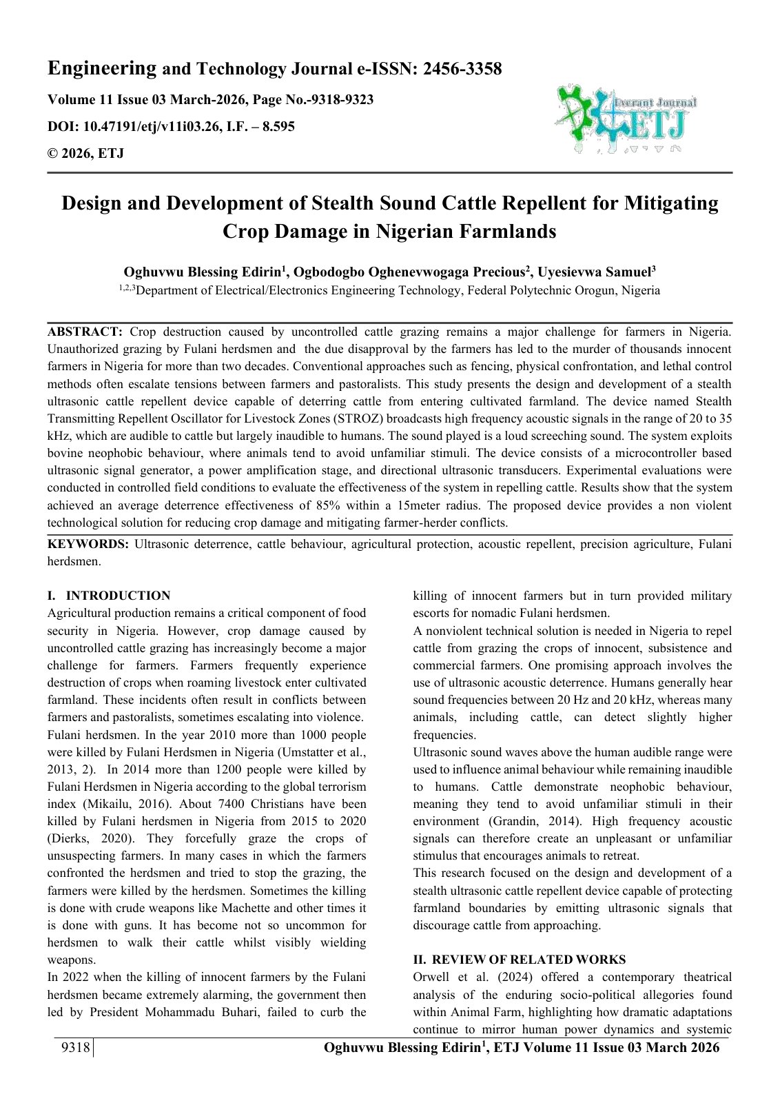 First page of Design and Development of Stealth Sound Cattle Repellent for Mitigating  Crop Damage in Nigerian Farmlands  