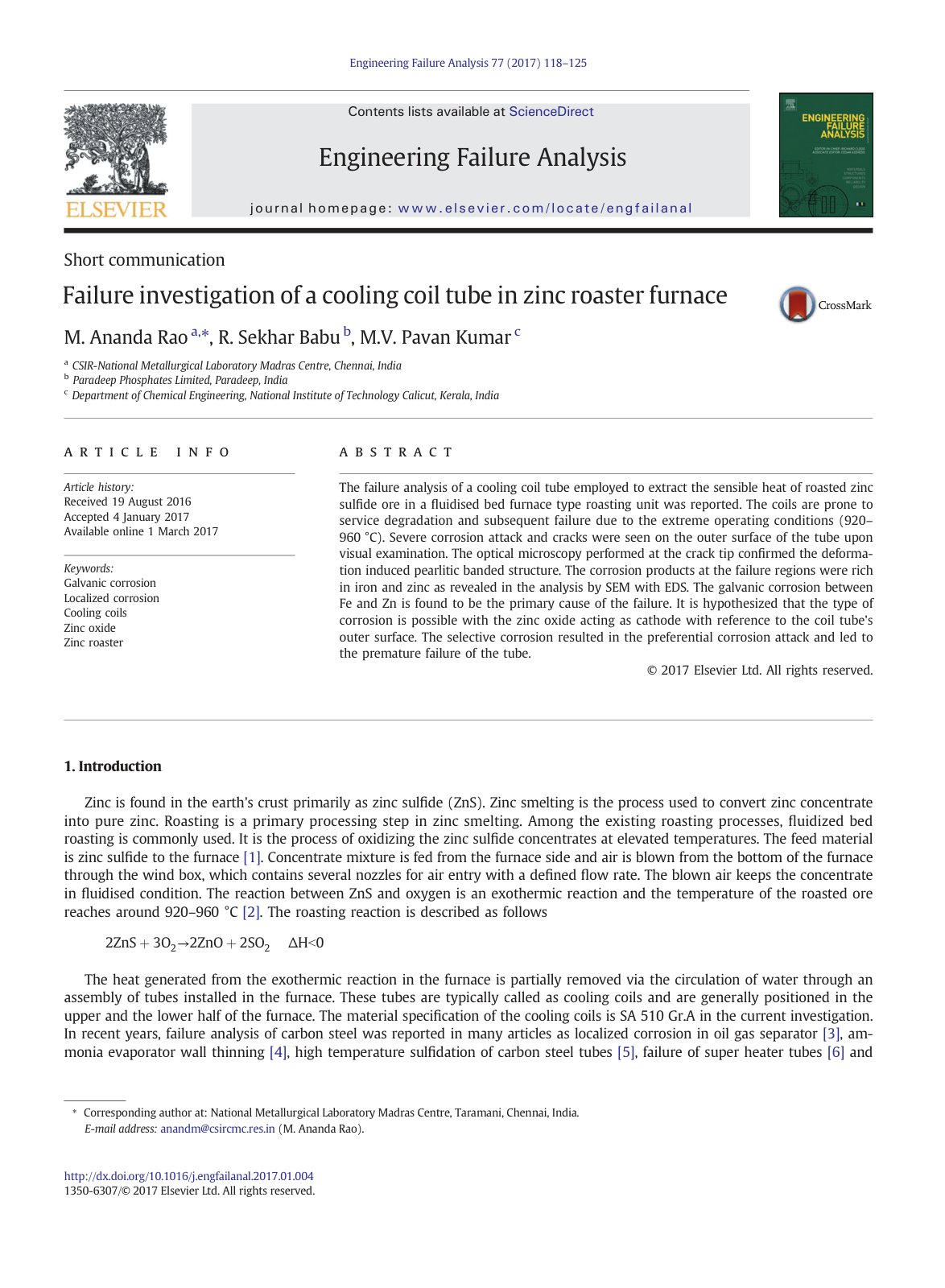 First page of Failure investigation of a cooling coil tube in zinc roaster furnace