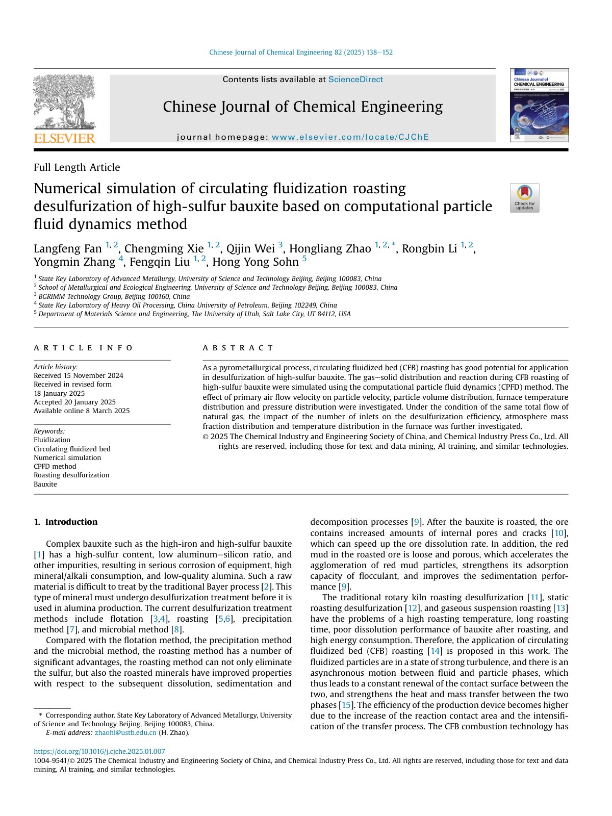 First page of Numerical simulation of circulating fluidization roastin 2025 Chinese Journa