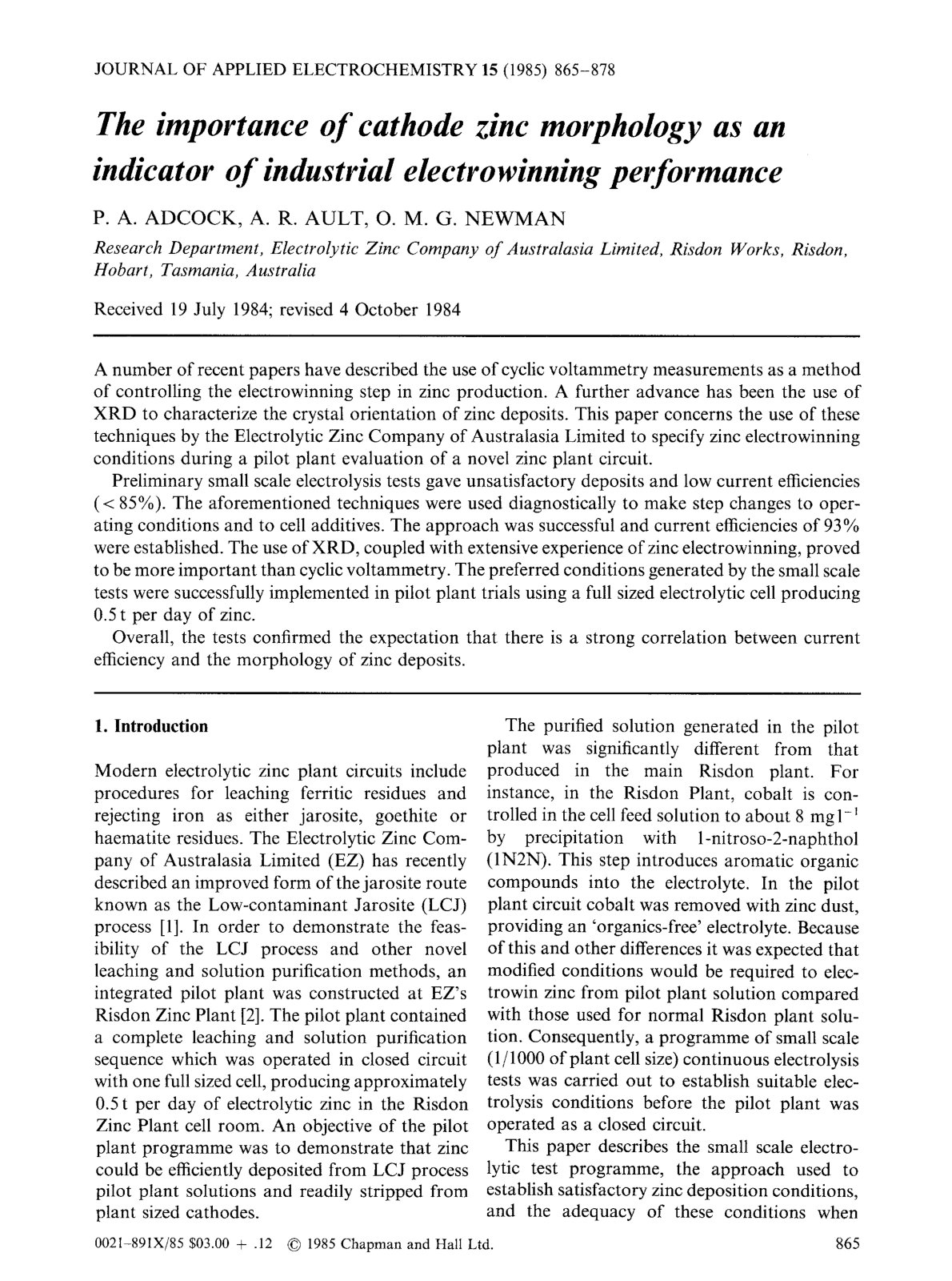 First page of The importance of cathode zinc morphology as an indicator of industrial electrowinning performance