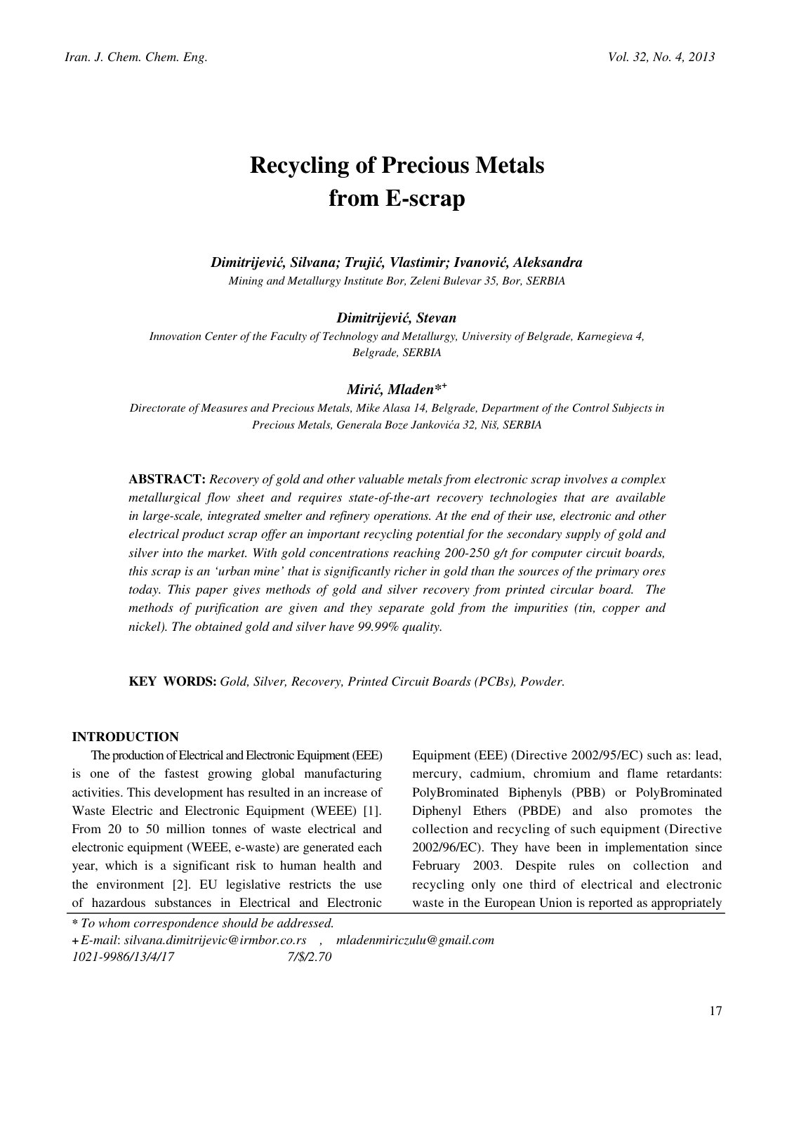 First page of Recycling of Precious Metals from E scra