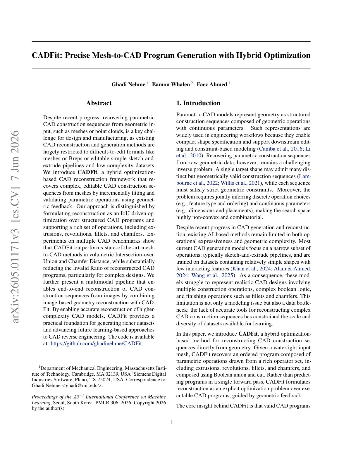 First page of CADFit: Precise Mesh-to-CAD Program Generation with Hybrid Optimization