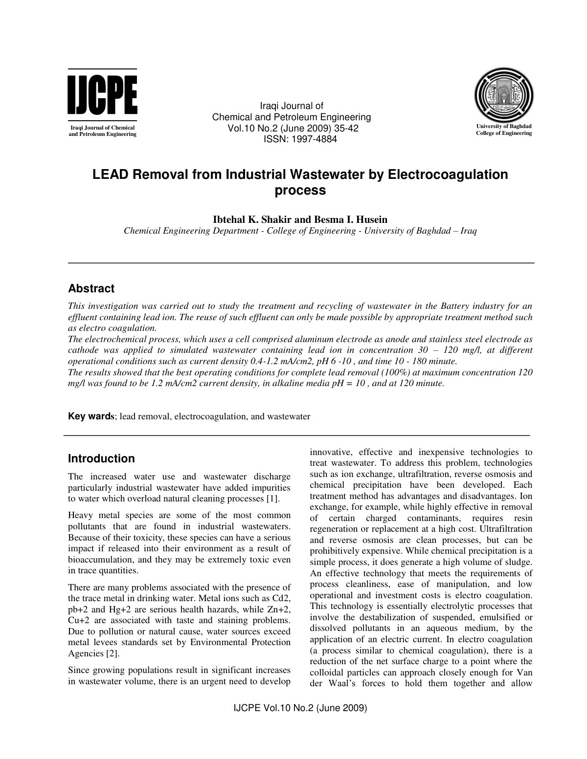 First page of LEAD Removal from Industrial Wastewater