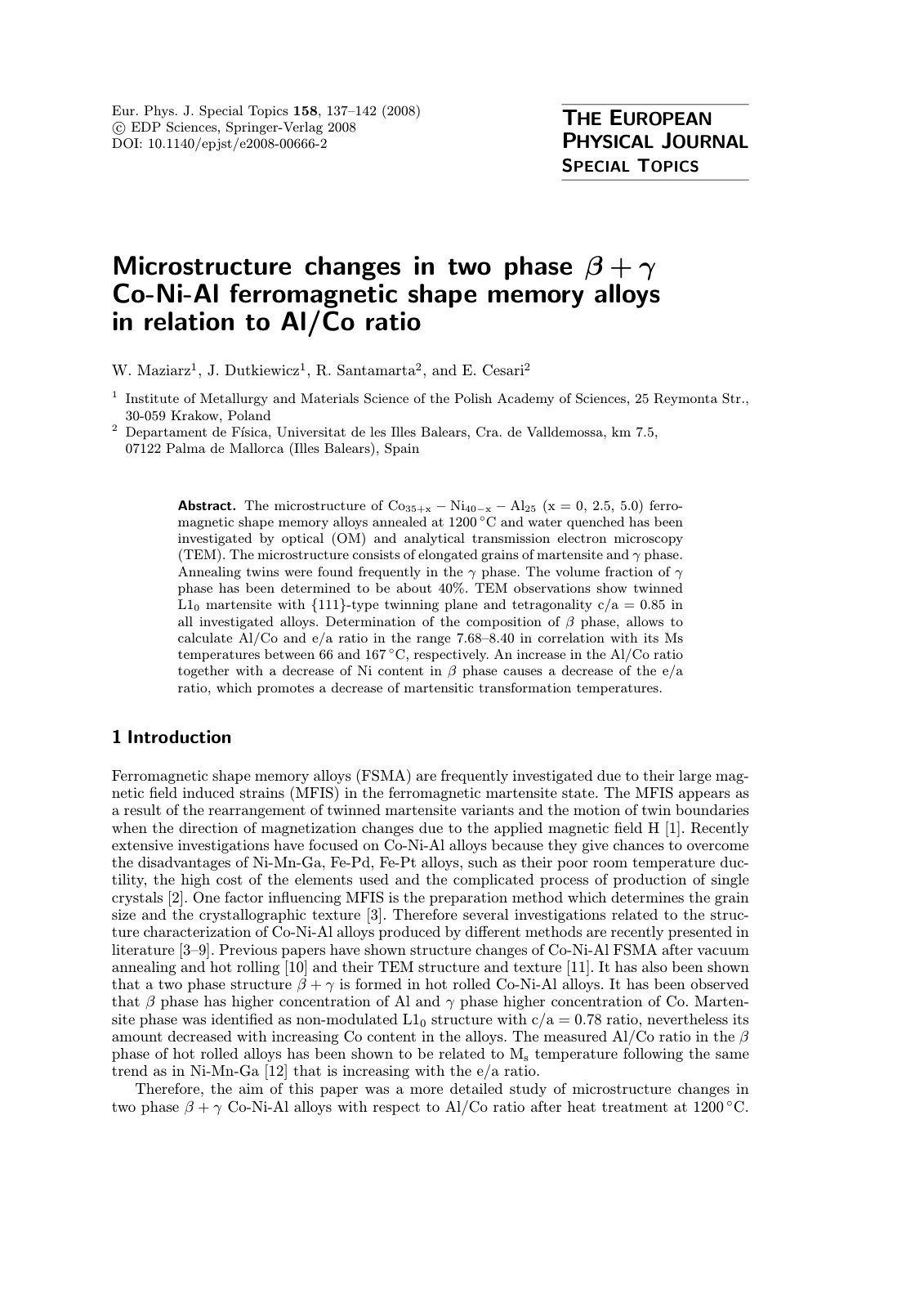 First page of Microstructure changes in two phaseβ+γ Co-Ni-Al ferromagnetic shape memory alloys in relation to Al/Co ratio