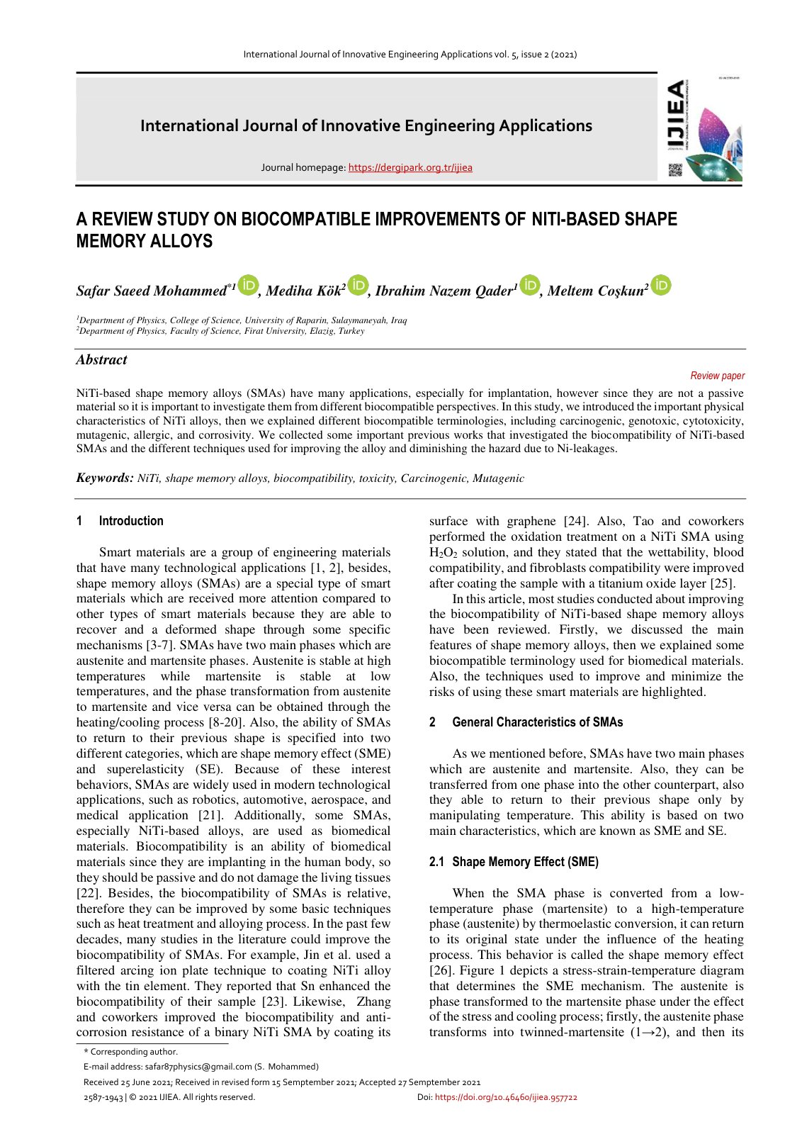 First page of A REVIEW STUDY ON BIOCOMPATIBLE IMPROVEMENTS OF NITI-BASED SHAPE MEMORY ALLOYS
