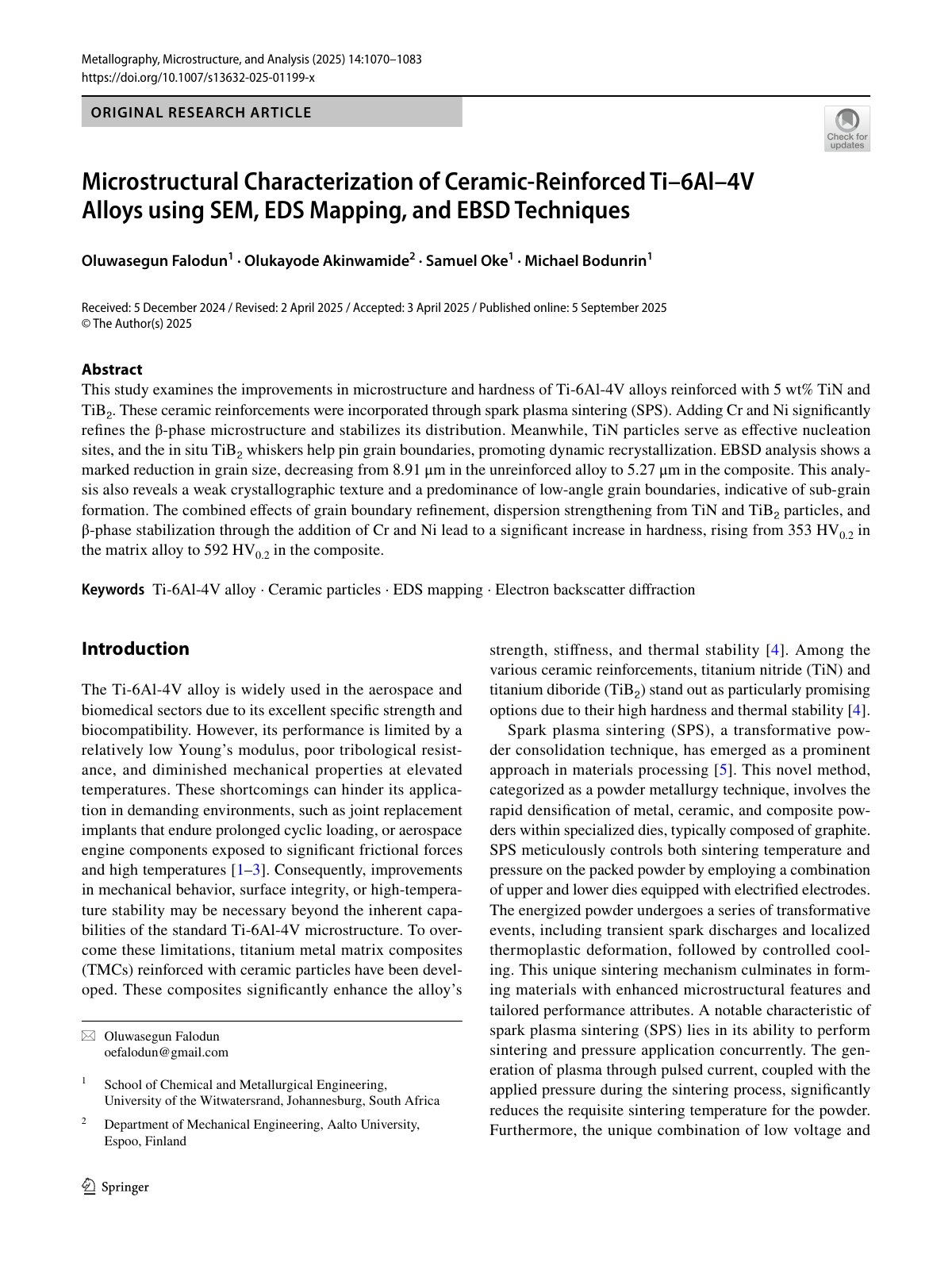 First page of 2025 Falodun Microstructural Characterization Ceramic Ti6Al4V