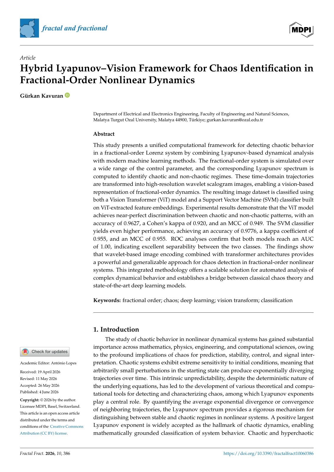 First page of Hybrid Lyapunov–Vision Framework for Chaos Identification in Fractional-Order Nonlinear Dynamics